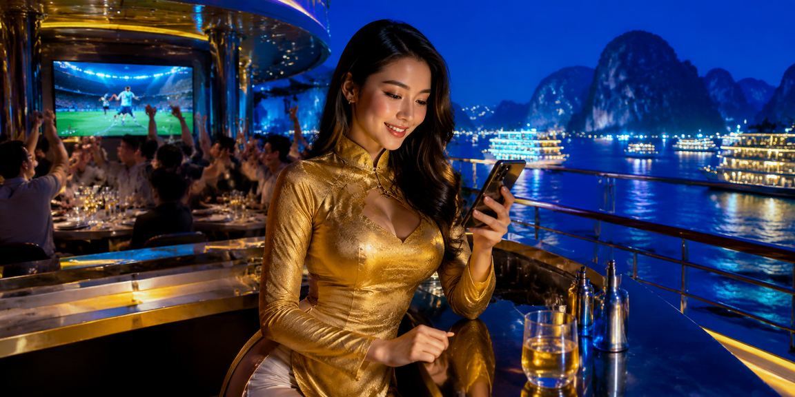 Người dùng mặc áo dài truy cập casino di động trên thuyền vịnh Hạ Long
