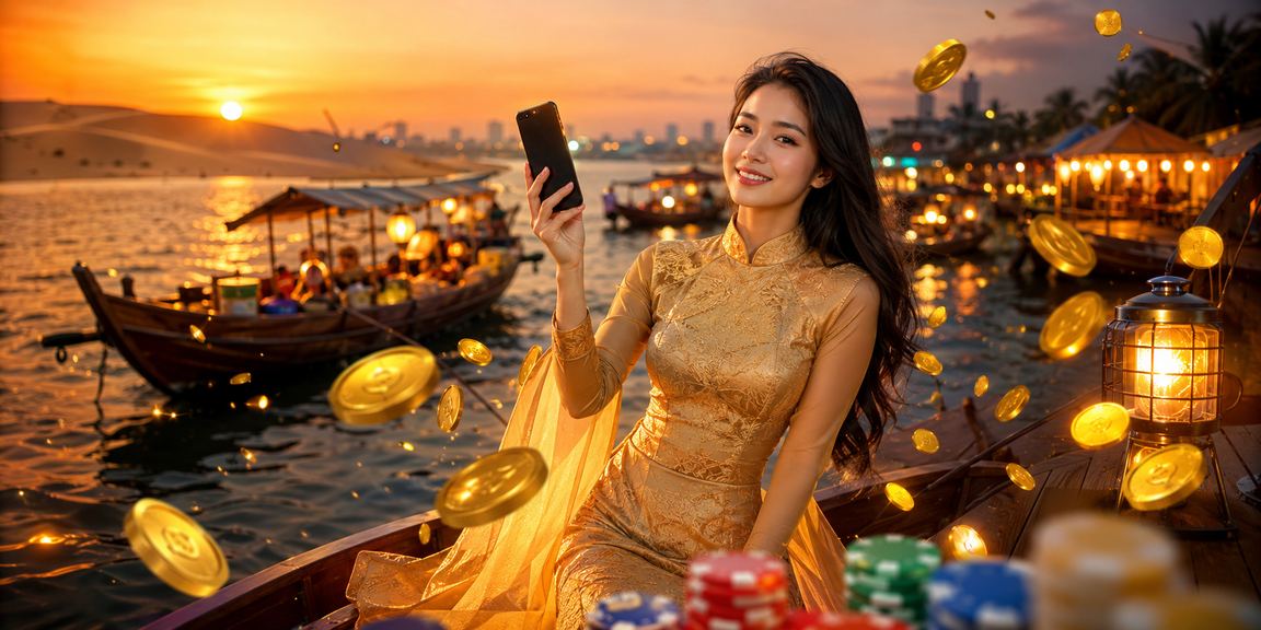 Người dùng Mũi Né mặc áo dài tham gia casino di động bên bờ biển